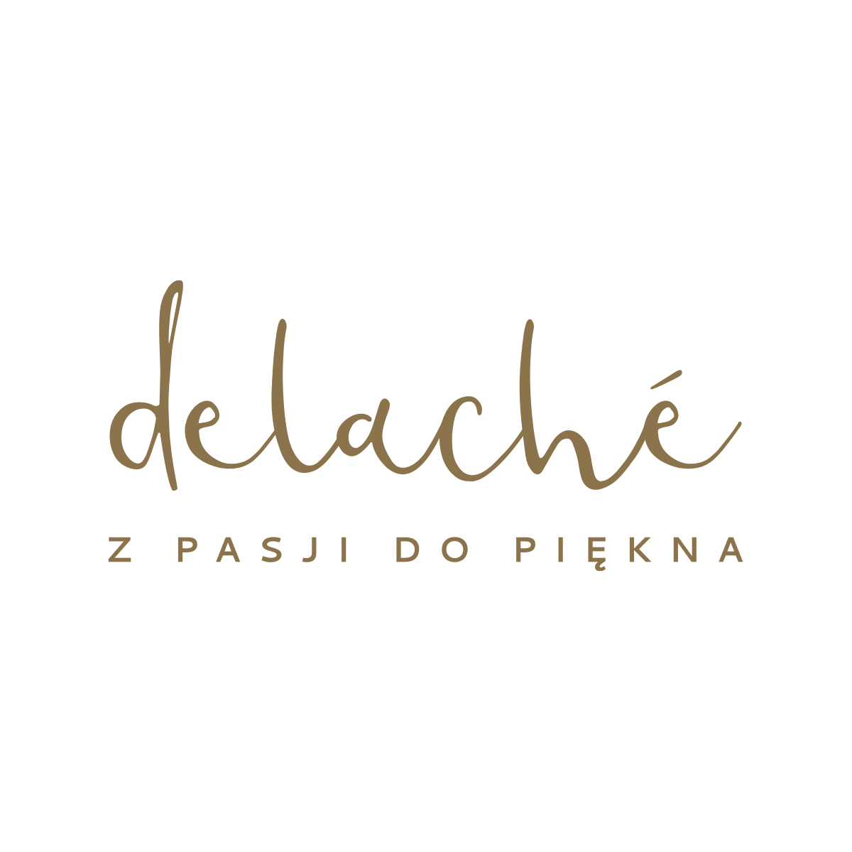 Logo "delaché" w eleganckiej, ręcznie pisanej typografii w złotym odcieniu na białym tle. Hasło "Z pasji do piękna" podkreśla ekskluzywny i luksusowy charakter marki.