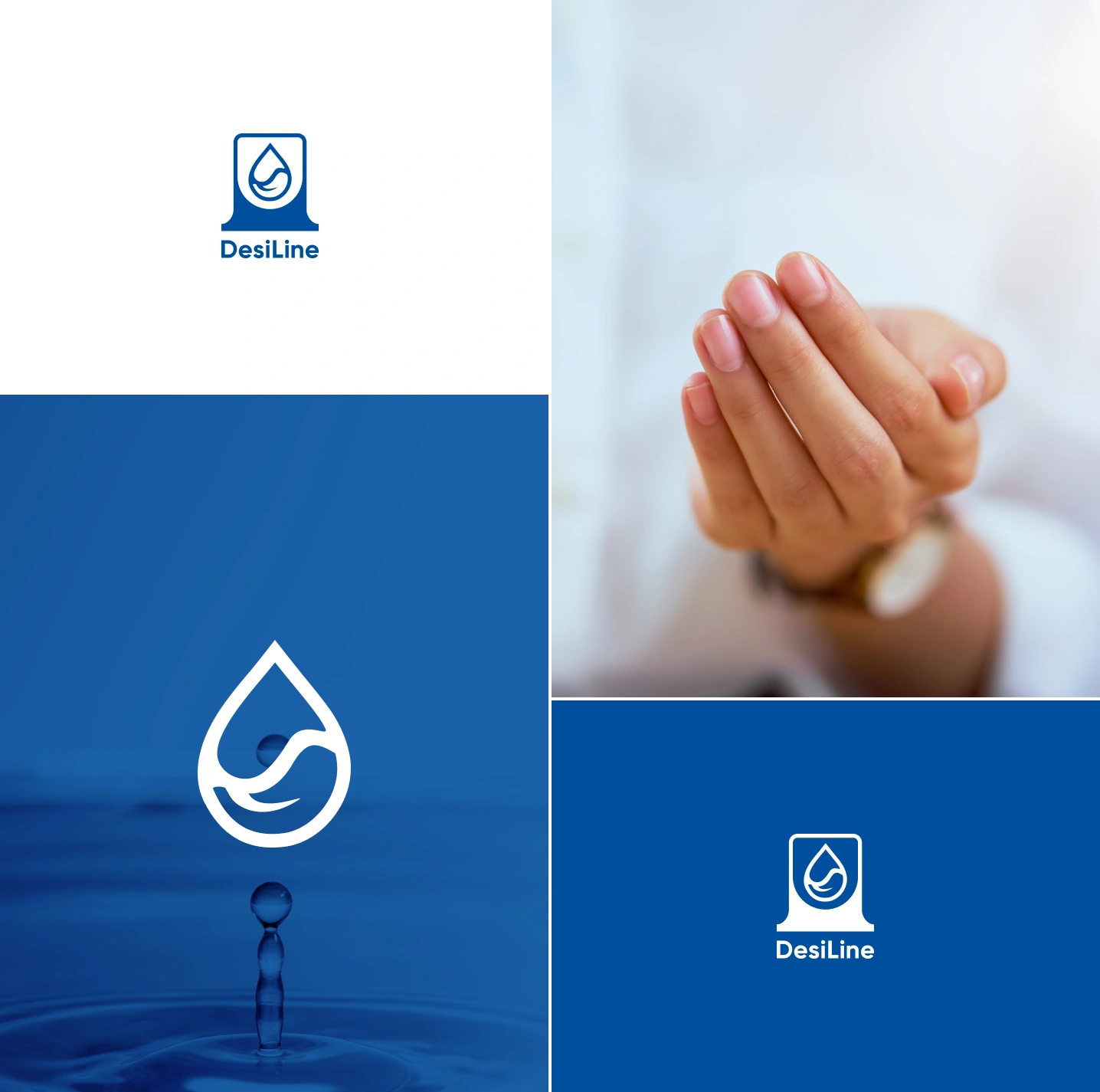 Logo DesiLine przedstawia ikonę kropli wody nad nazwą firmy, używając prostego, nowoczesnego fontu i niebieskiego koloru, symbolizując produkty związane z wodą.