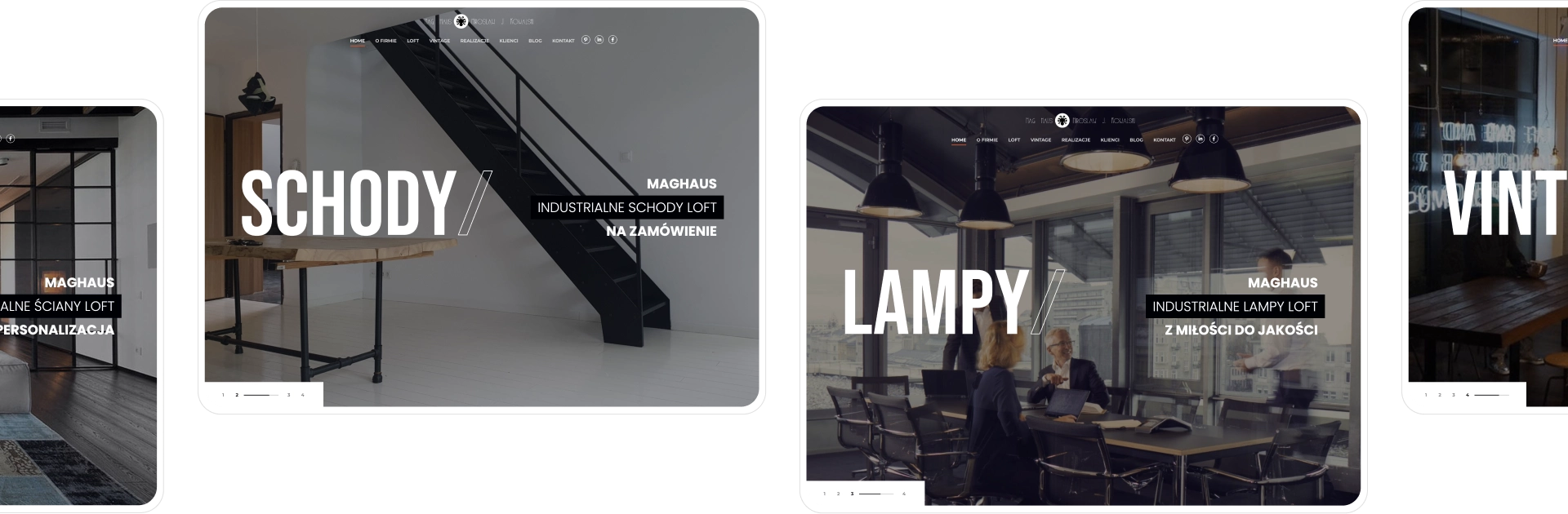 Strona Mag Haus prezentuje SCHODY/ z loftowymi schodami stalowymi i LAMPY/ z industrialnym oświetleniem. Podkreśla personalizację i wysoką jakość wykonania.