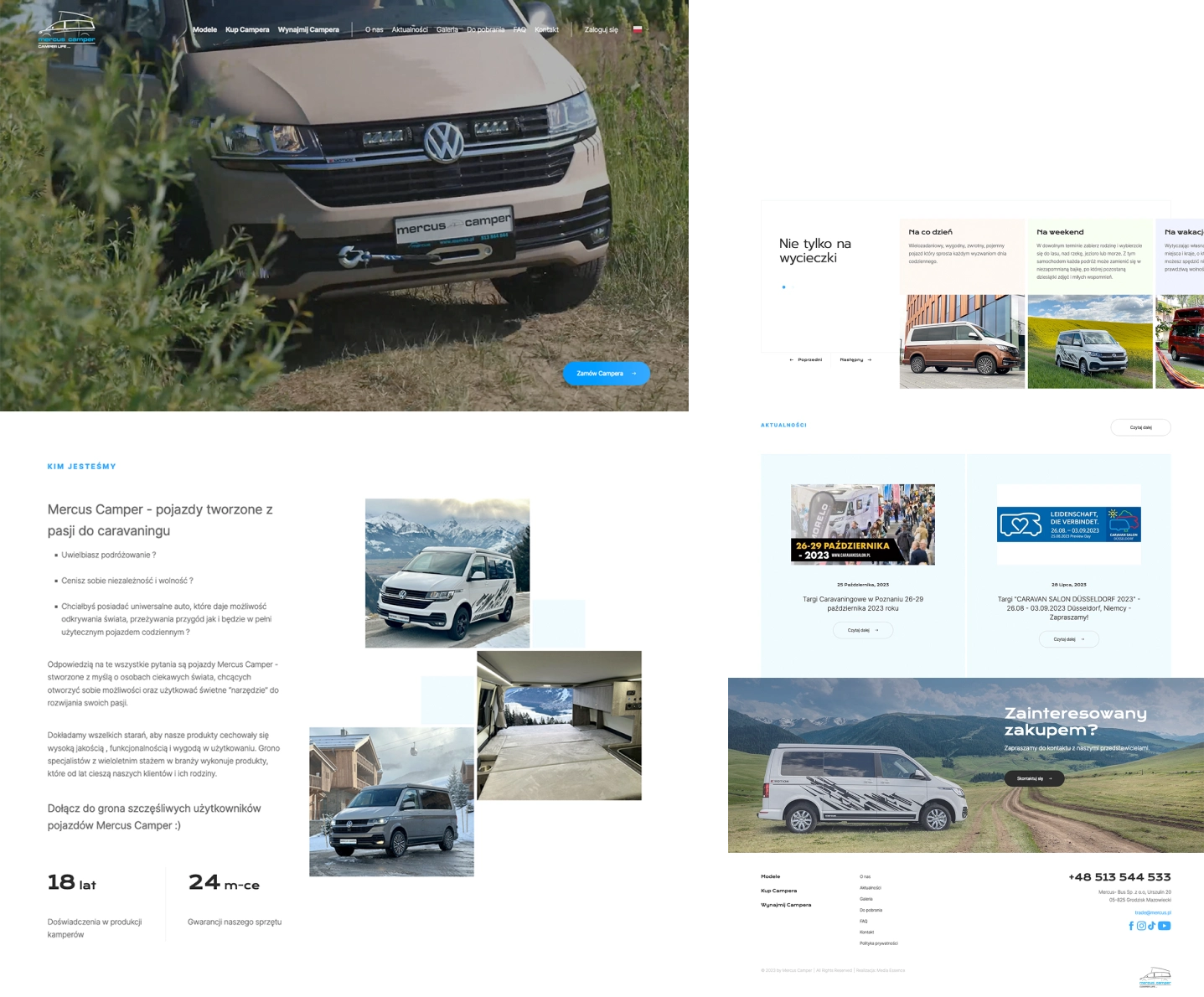 Strona Mercus Camper promuje kampery dla miłośników podróży. Główne zdjęcie przedstawia Volkswagena przystosowanego do jazdy w terenie. Sekcja "Kim jesteśmy" Zdjęcia ukazują kampery w różnych warunkach – od górskich tras po miejskie parkingi. Po prawej stronie sekcja "Nie tylko na wycieczki.