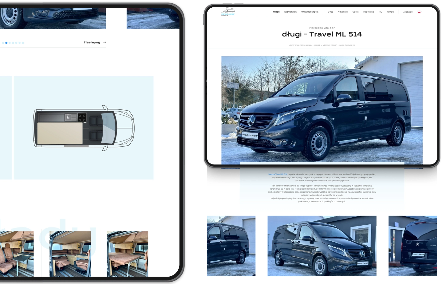 Strona prezentuje model Travel ML 514, kampera na bazie Mercedesa Vito. Na głównym zdjęciu widać czarny pojazd zaparkowany na podjeździe. Poniżej znajduje się opis techniczny, podkreślający jego komfortowe wyposażenie