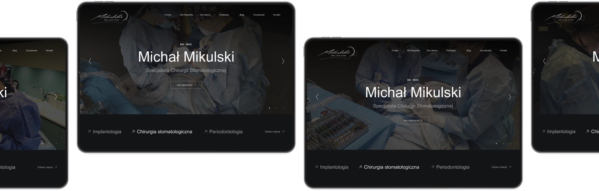 Nowoczesny design widoczny na tablecie i smartfonie. Profesjonalne zdjęcia z sali operacyjnej ukazują lekarzy podczas zabiegu oraz narzędzia chirurgiczne.