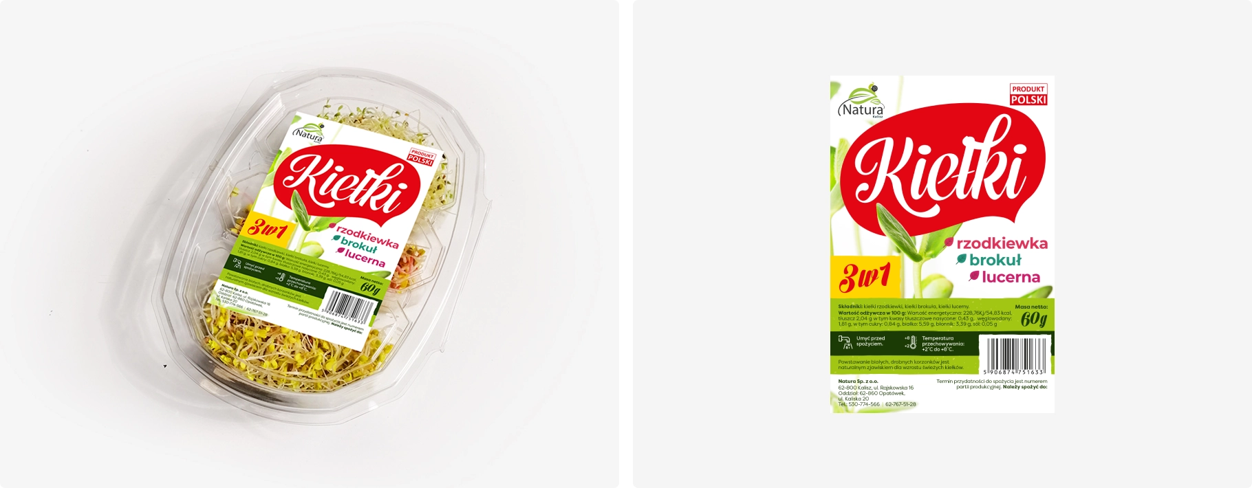 Opakowanie kiełków 3w1 – rzodkiewka, brokuł, lucerna. Produkt polski, świeży i naturalny. Przezroczysta tacka z etykietą w czerwono-zielonej kolorystyce.