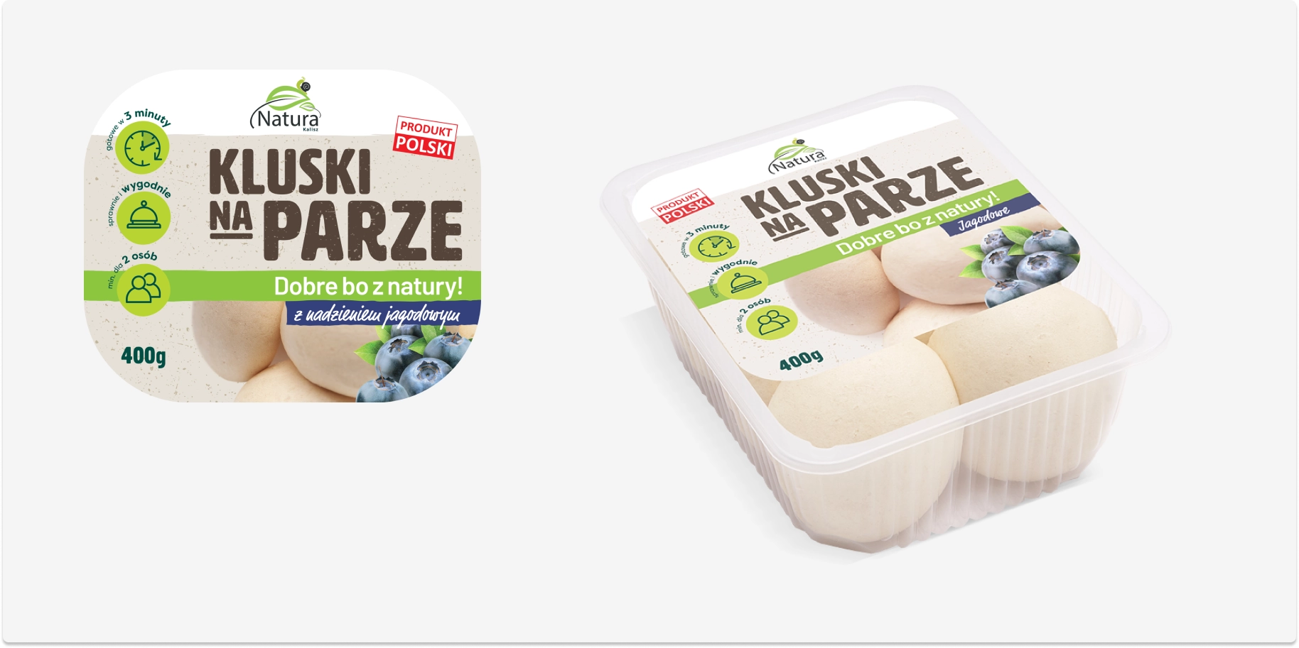 Kluski na parze z nadzieniem jagodowym – produkt polski, naturalny i gotowy w 3 minuty. Opakowanie 400 g z etykietą w zielono-beżowej kolorystyce.