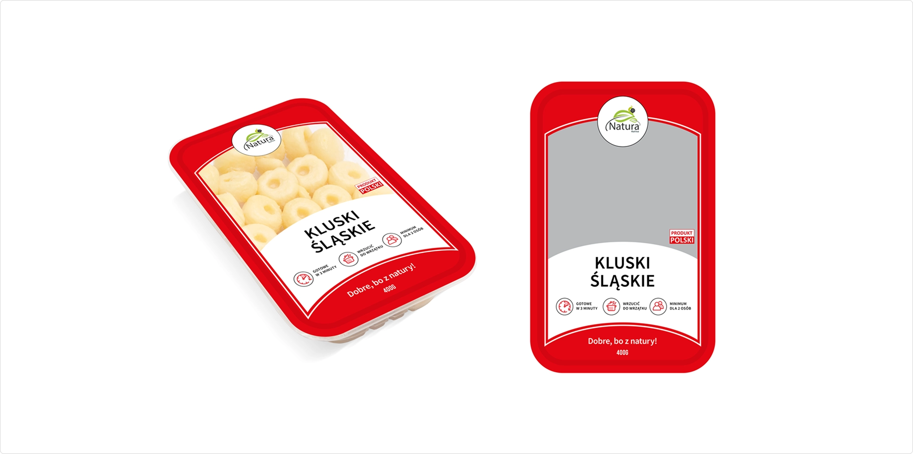 Kluski śląskie – produkt polski, naturalny i gotowy w kilka minut. Opakowanie 400 g z czerwoną ramką, elegancką etykietą i czytelnymi oznaczeniami.