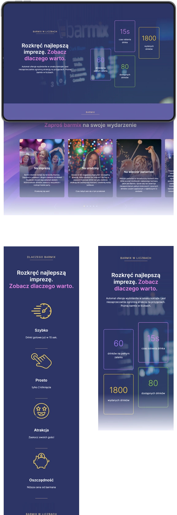 Strona Party Mix & Barmix prezentuje urządzenie do eventów, oferując menu drinków oraz informacje o współpracy i opinie klientów.