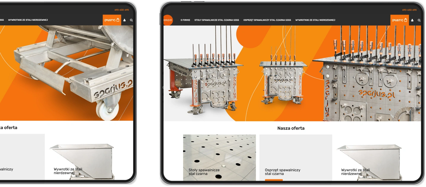 Strona sklepu online oferującego stoły i osprzęt spawalniczy oraz wywrotki ze stali nierdzewnej. Nowoczesny design i intuicyjna nawigacja.