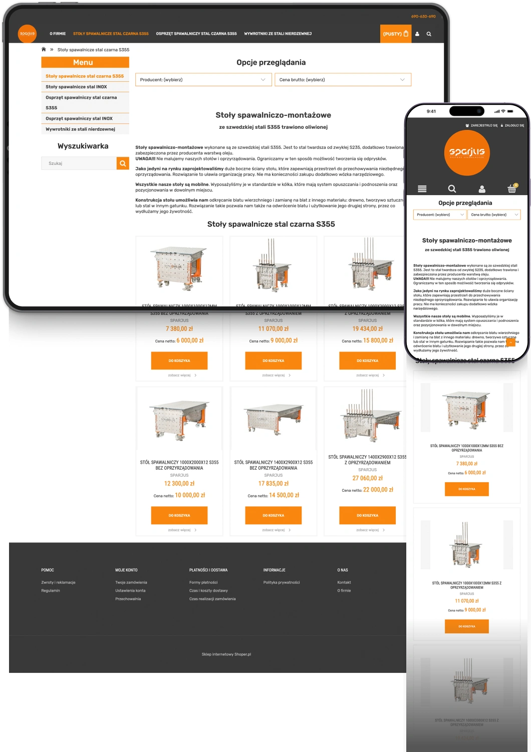 Strona sklepu online oferującego stoły spawalniczo-montażowe S355. Intuicyjna nawigacja, filtry wyszukiwania i szczegółowe opisy produktów.