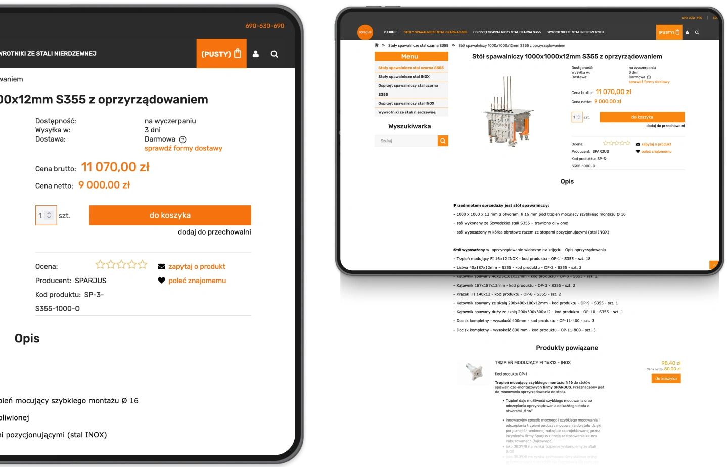 Strona produktu prezentująca stół spawalniczy 1000x1000x12mm S355 z oprzyrządowaniem. Zawiera opis, cenę, dostępność i opcje zakupu.