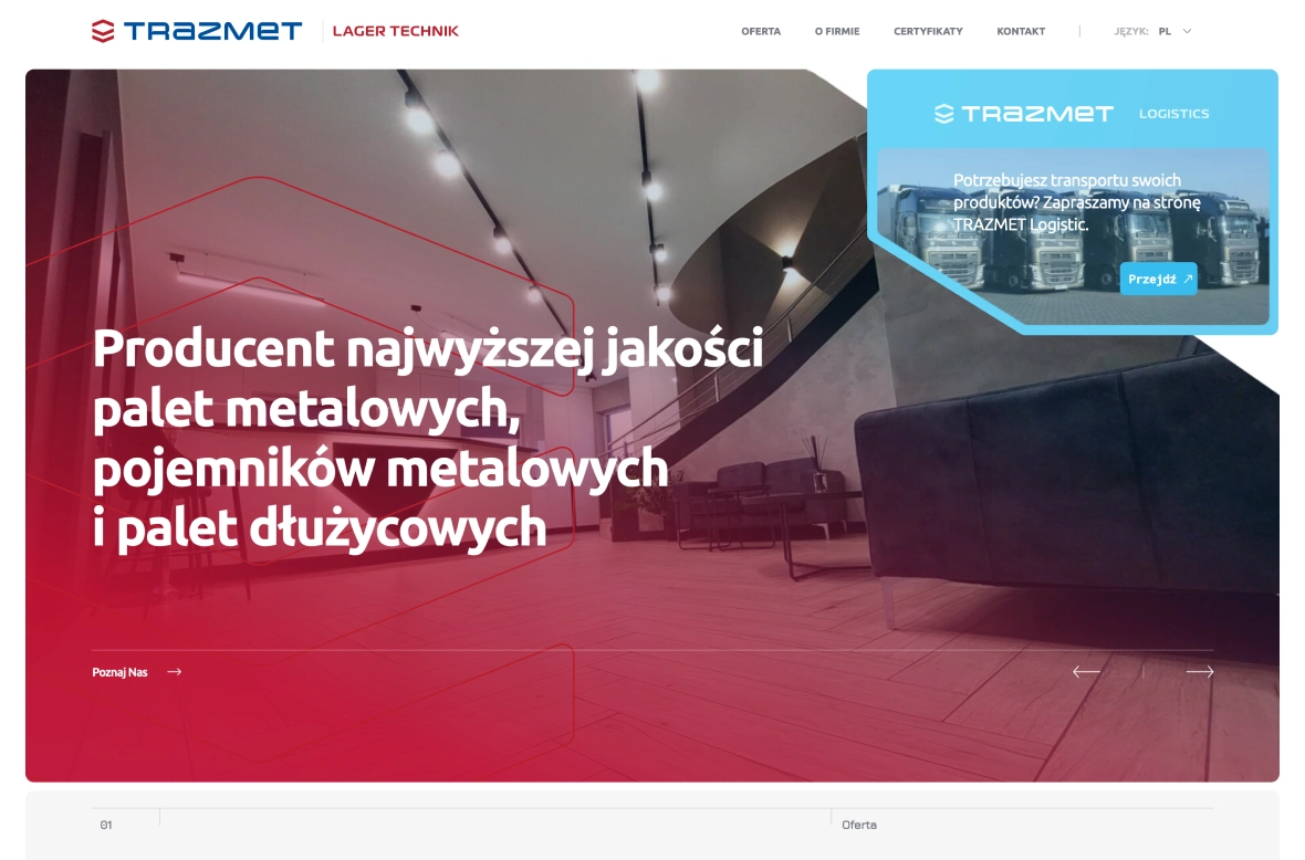 Strona przedstawia firmę Trazmet, specjalizującą się w produkcji palet metalowych, pojemników metalowych i palet długozbożowych. W tle widać nowoczesną przestrzeń biurową.