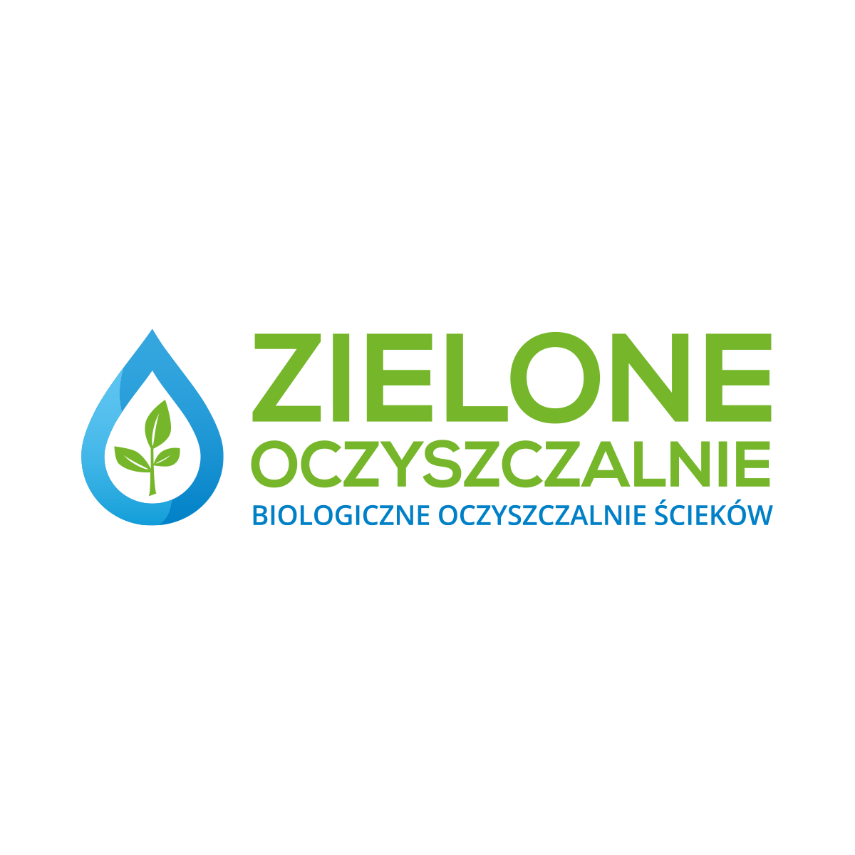 Logo "Zielone Oczyszczalnie" przedstawia zielono-niebieską kolorystykę z symbolem kropli wody zawierającej liść. Podkreśla ekologiczne oczyszczanie ścieków.